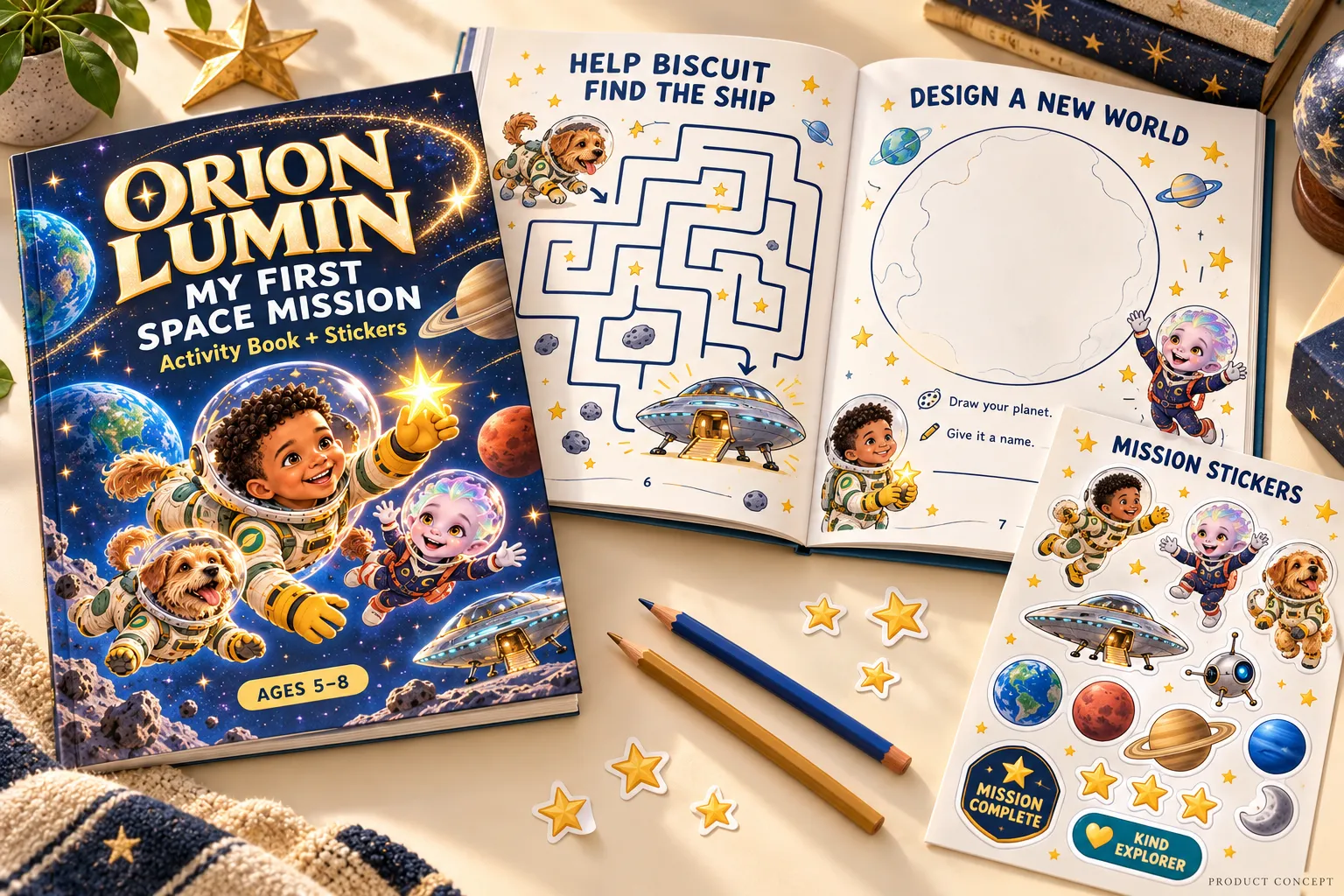 Orion Lumin: My First Space Mission activity book, open to a maze and a draw-your-own-planet page, with a sheet of mission stickers