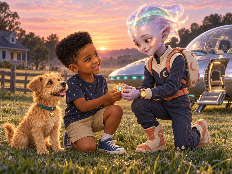 Kael giving Orion a glowing star badge on the farm at sunrise