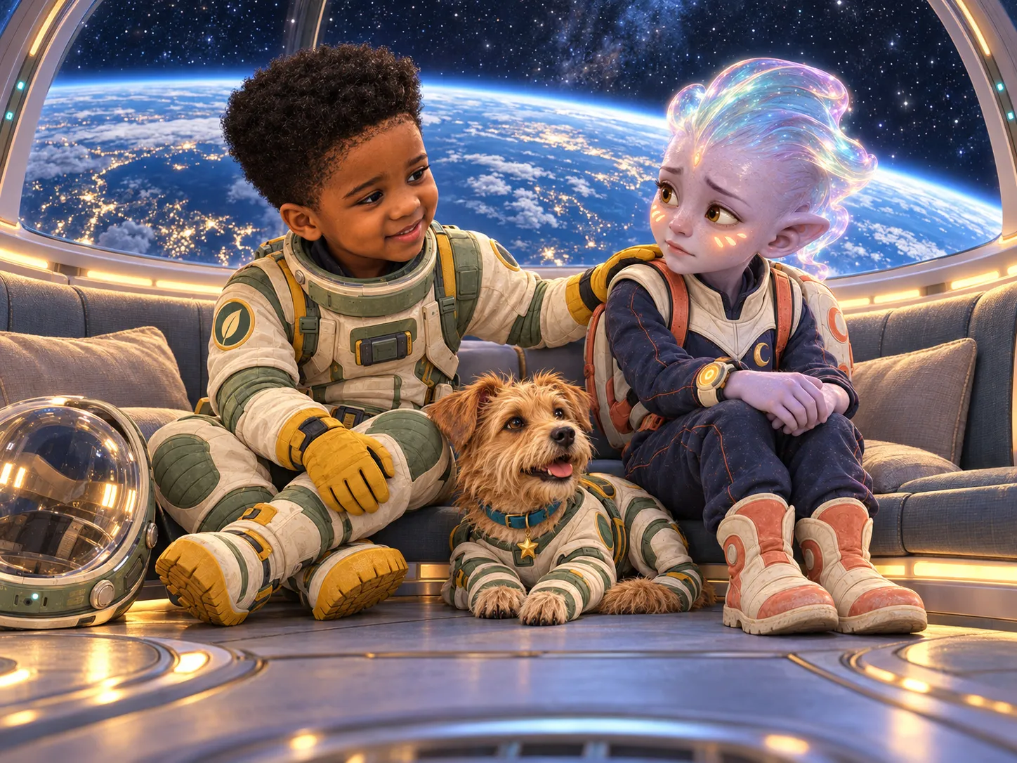 Orion, Kael, and Biscuit sitting together inside the saucer, looking down at Earth