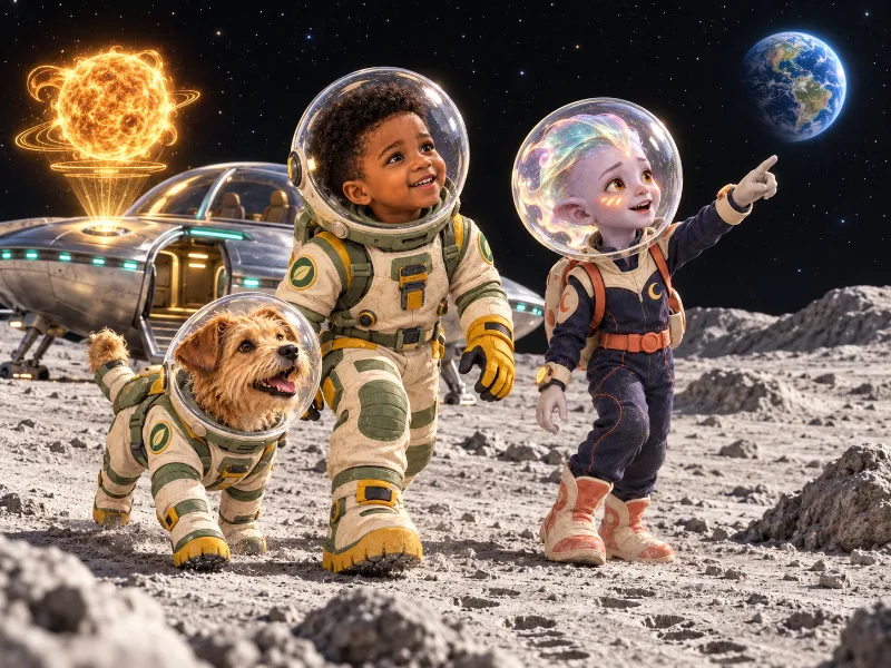 Orion, Biscuit, and Kael in space suits on the Moon as Kael points up at Earth