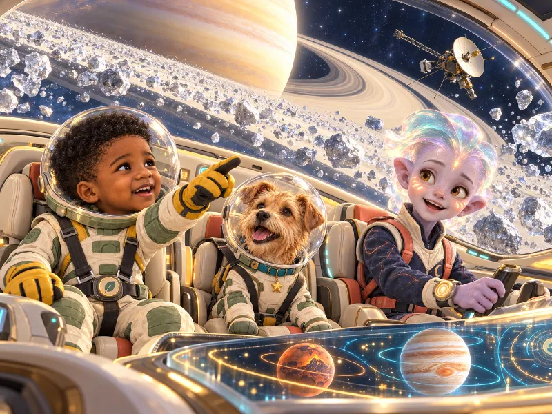 Orion, Biscuit, and Kael inside the saucer flying past Saturn’s rings as a space probe drifts by