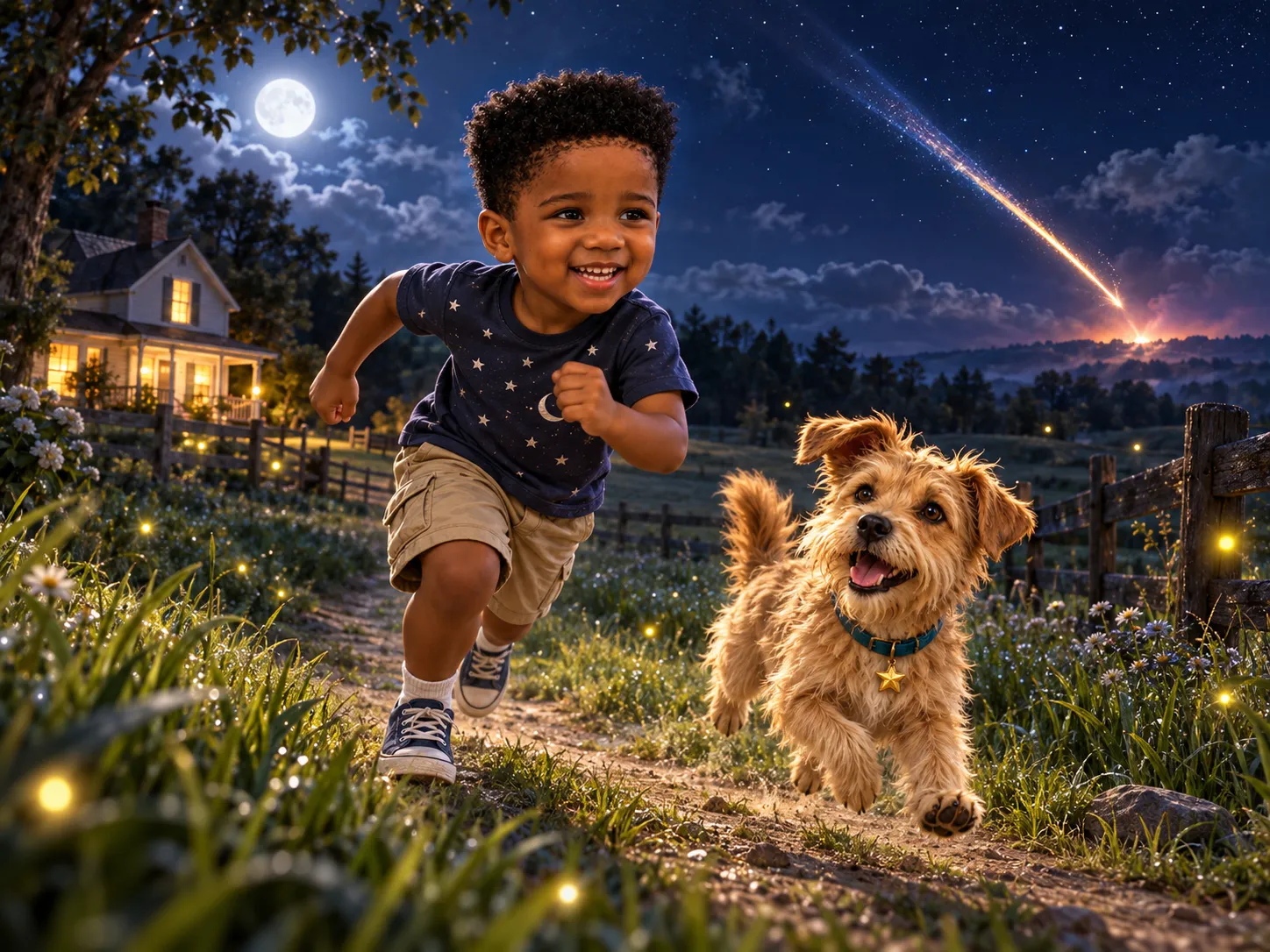 Orion and his dog Biscuit running across the farm at night as a streak of light falls from the sky